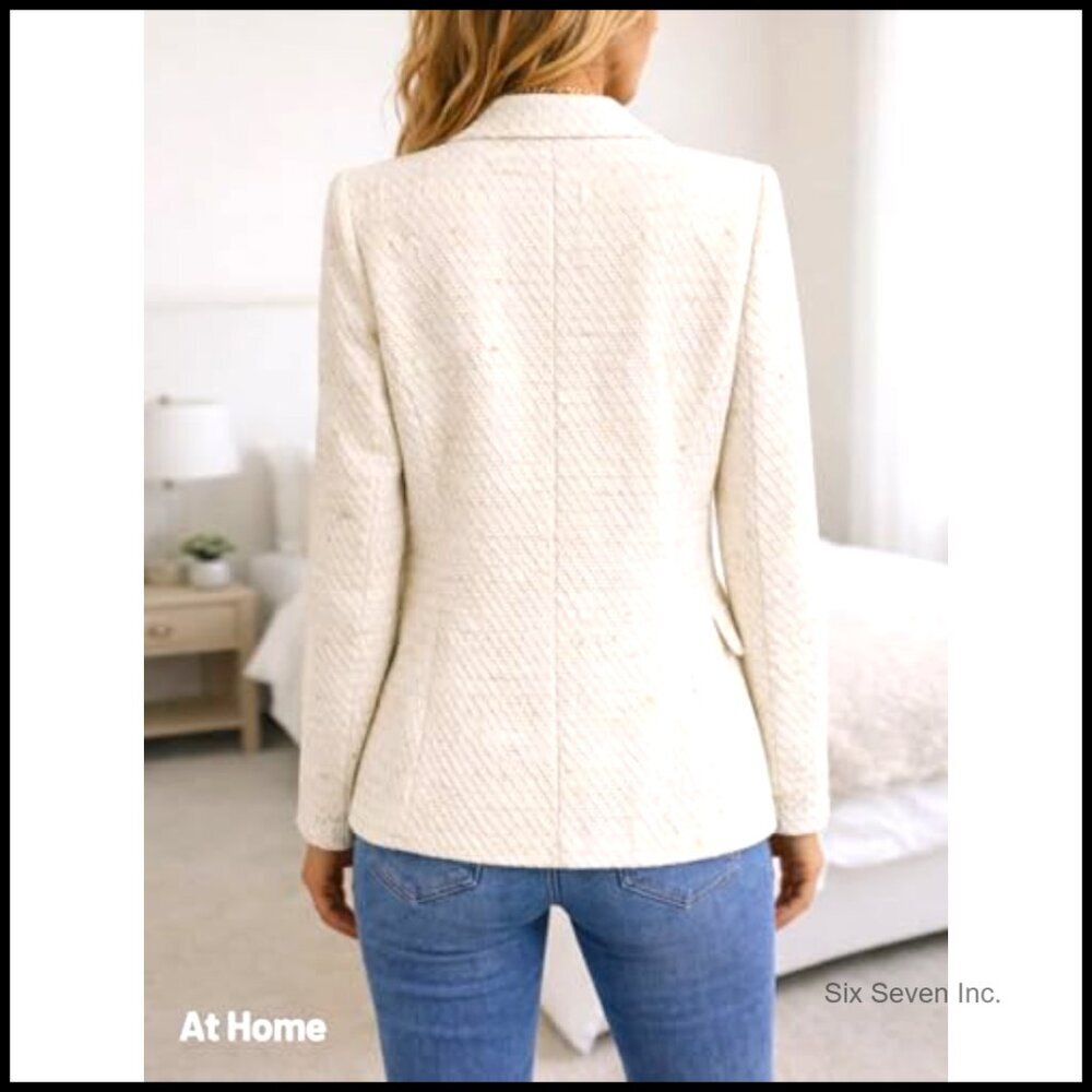 Women's Tweed Plaid Blazer Slim Fit Fully Lined Business Casual Jacket - Picture 5 of 7
